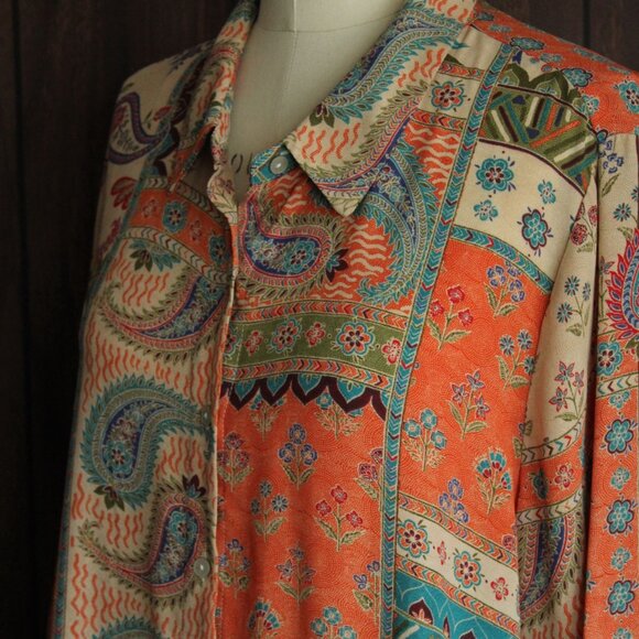 Rose & Olive Womens Blouse, Plus Size 1X, Orange Multicolor Paisley Print, - Picture 7 of 10